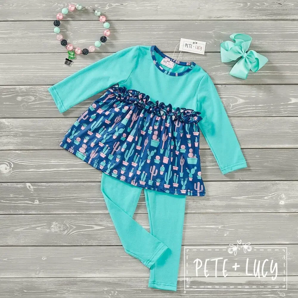 PETE + LUCY Blue Boho Cactus 2 Piece Set Pants Babydoll Top 2T NEW